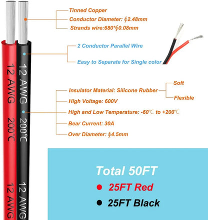 12AWG Silicone Electrical Wire: Black/Red, 2-Conductor, Soft & Flexible