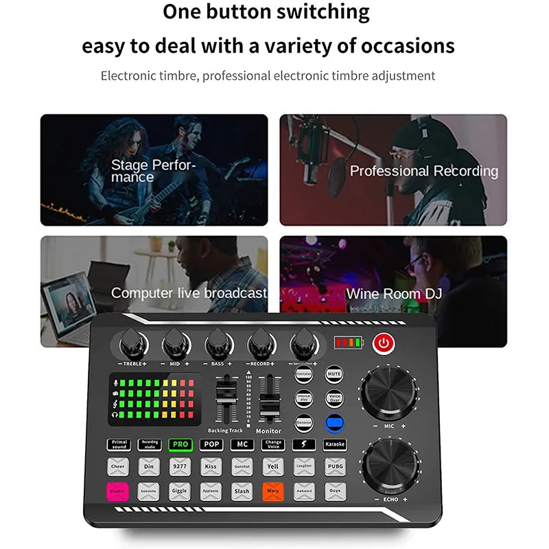 Live Sound Card and Audio Interface with DJ Mixer Effects and Voice Changer