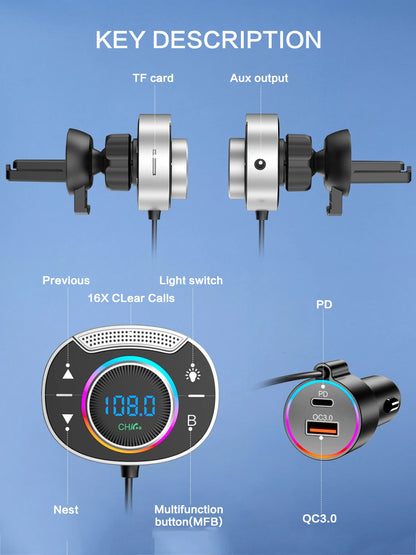 Bluetooth 5.3 FM Car Transmitter 3.5mm AUX Adapter MP3 Player PD 30W QC 3.0 Fast Charger Hi-Fi Music Adapter Hands-Free Call TF