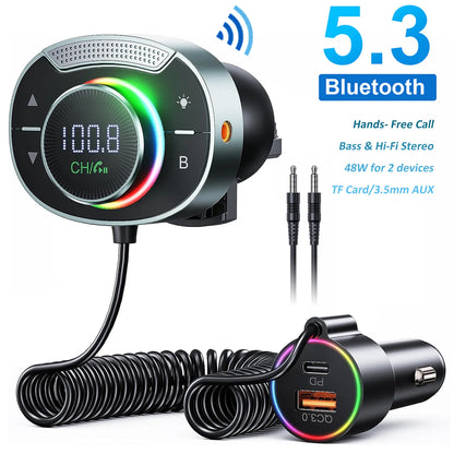 Bluetooth 5.3 FM Car Transmitter 3.5mm AUX Adapter MP3 Player PD 30W QC 3.0 Fast Charger Hi-Fi Music Adapter Hands-Free Call TF