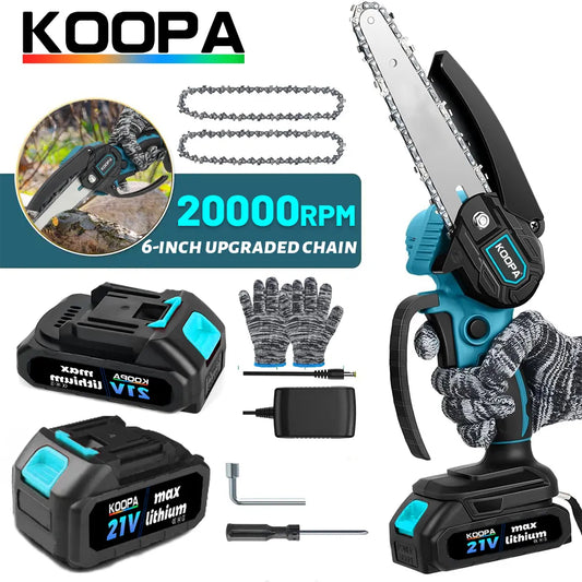 Koopa Tool Mini Chainsaw 6-Inch Powerful Cordless Rechargeable Handheld Small Electric Saw Powered by 21V 2000/3000mAh Batteries