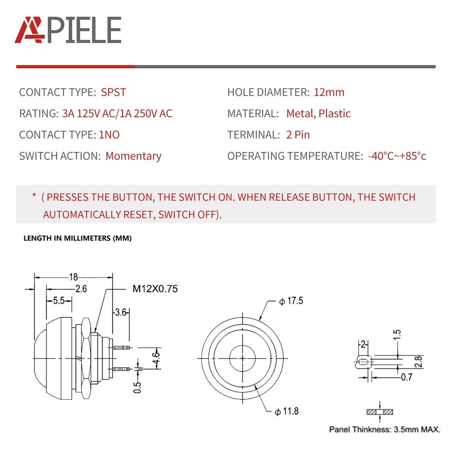 APIELE 6Pcs 12mm Momentary Push Button Switch