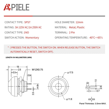 APIELE 6Pcs 12mm Momentary Push Button Switch