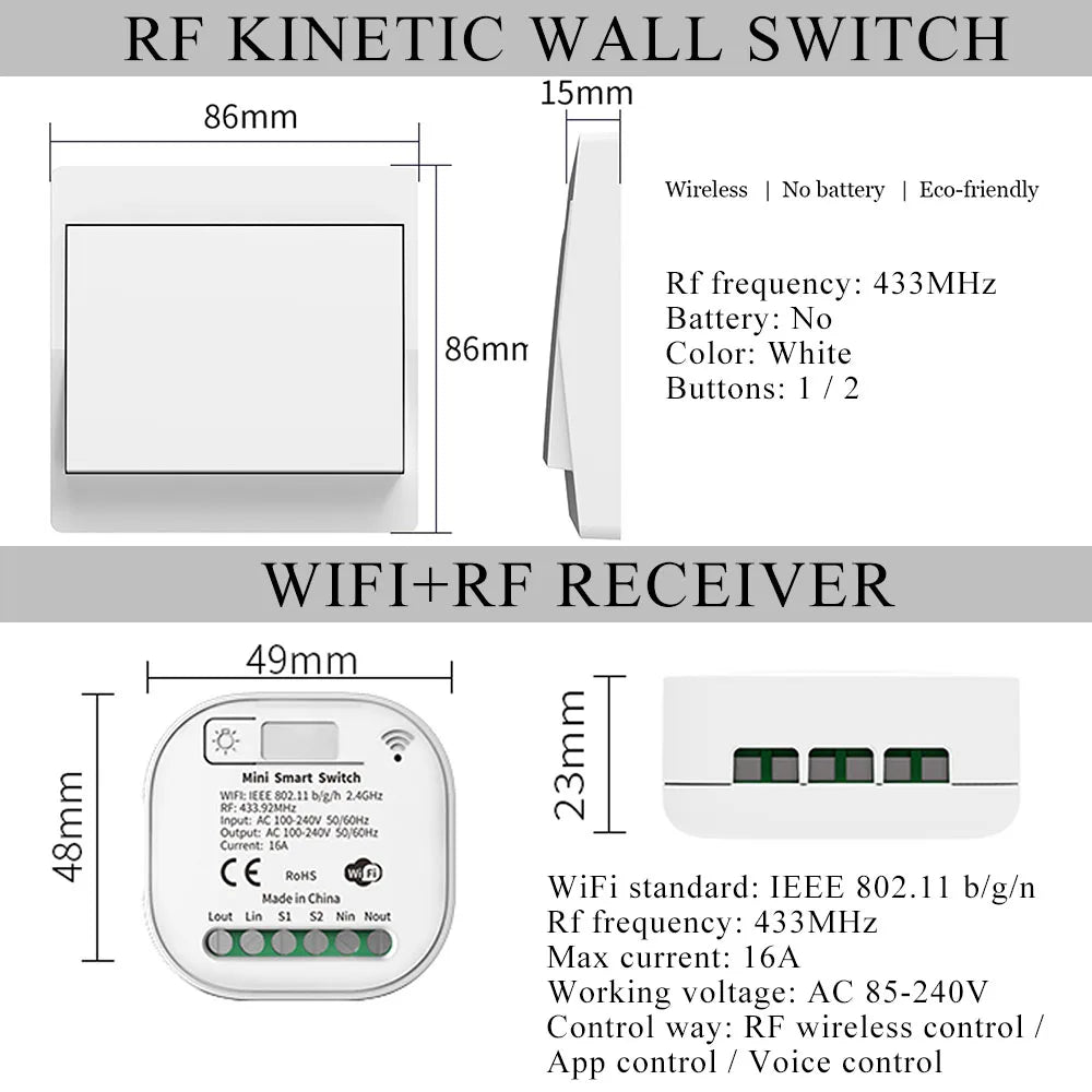 Tuya Smart WiFi and Rf Light Switch 433MHz Kinetic Wall Switch