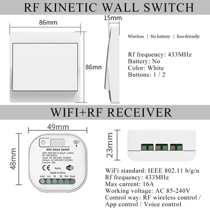 Tuya Smart WiFi and Rf Light Switch 433MHz Kinetic Wall Switch