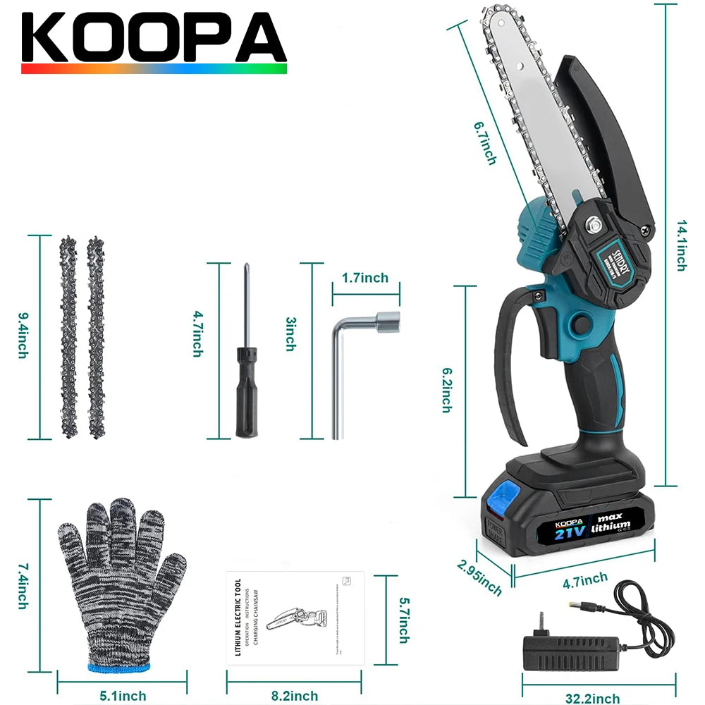 Koopa Tool Mini Chainsaw 6-Inch Powerful Cordless Rechargeable Handheld Small Electric Saw Powered by 21V 2000/3000mAh Batteries