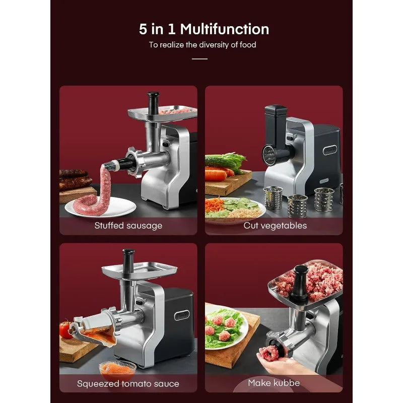 Meat Grinder Heavy Duty - 5 in1 Meat Grinder for Home Use - 3000W Max Powerful - Sausage Stuffer - Slicer/Shredder/Grater